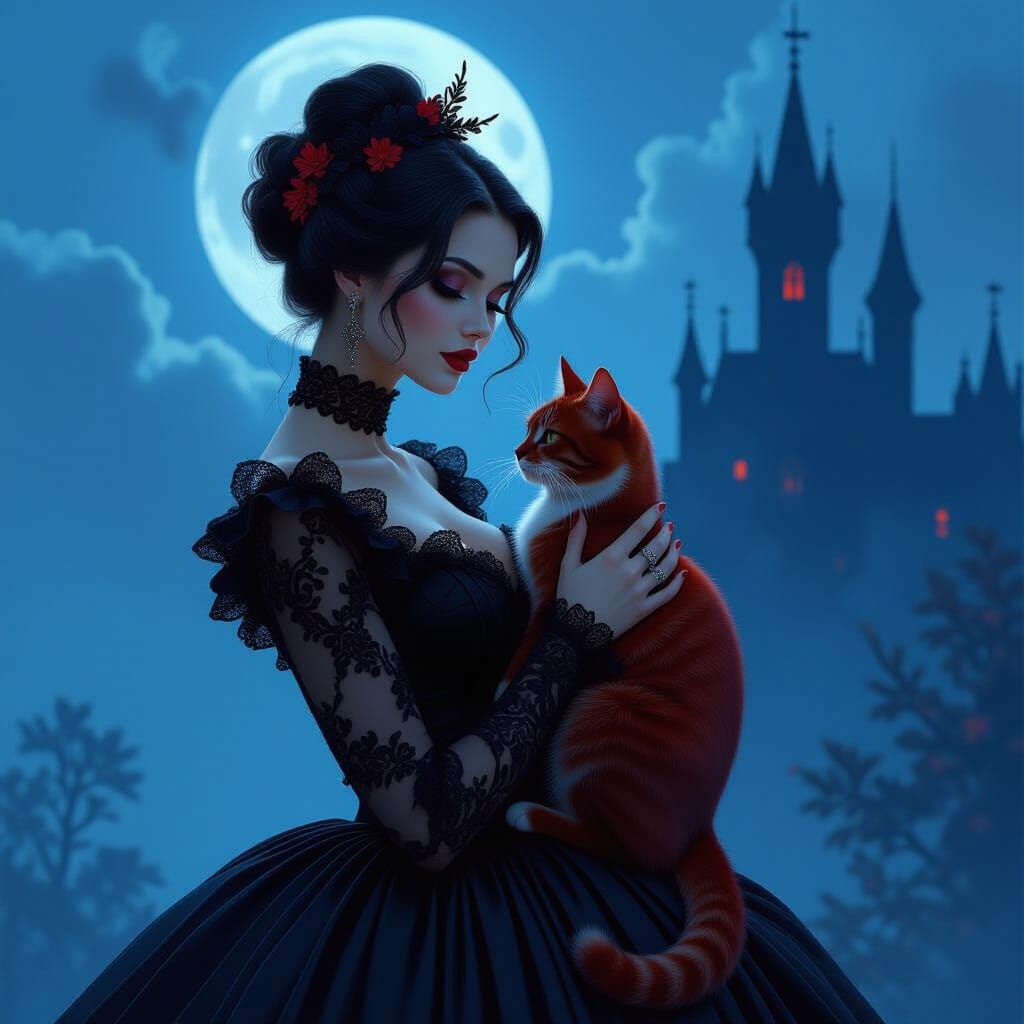 Gothic Woman with Red Cat in Ultra-Realistic Style