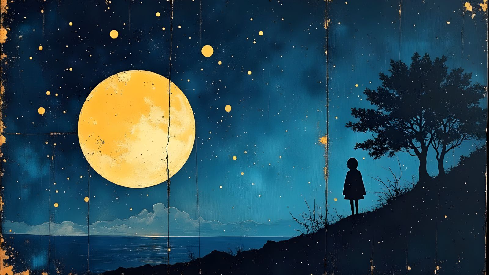 Lonely Full Moon Under Starry Night Sky