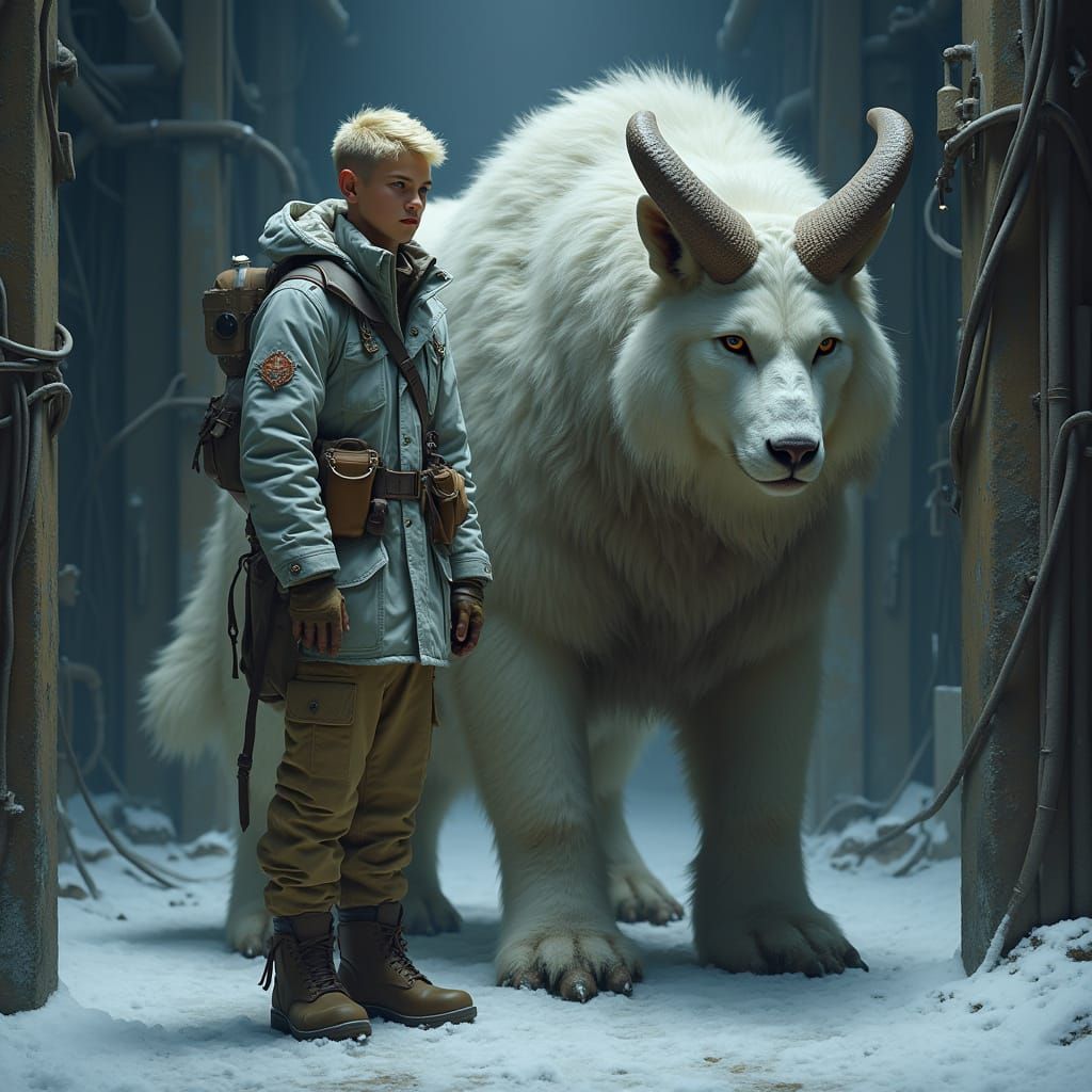 Man and Beast in Industrial Snowscape, Hyper-Realistic Style
