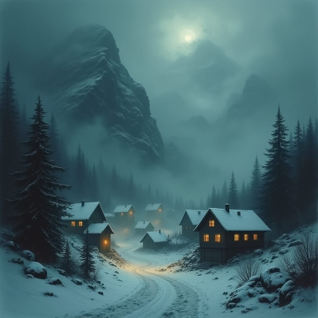 Foggy Mountain Village with Sinister Faces