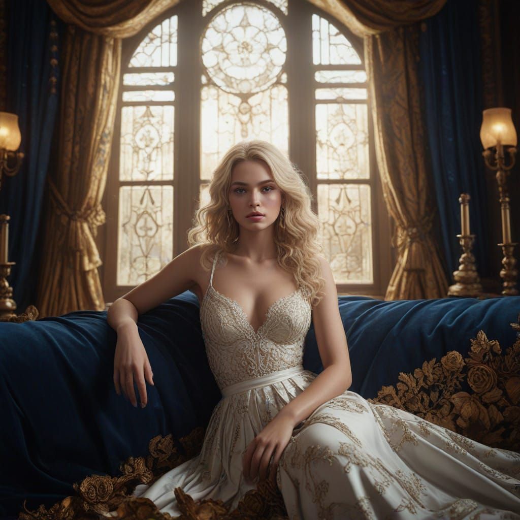 Regal Blonde Beauty in Opulent 18th Century Setting