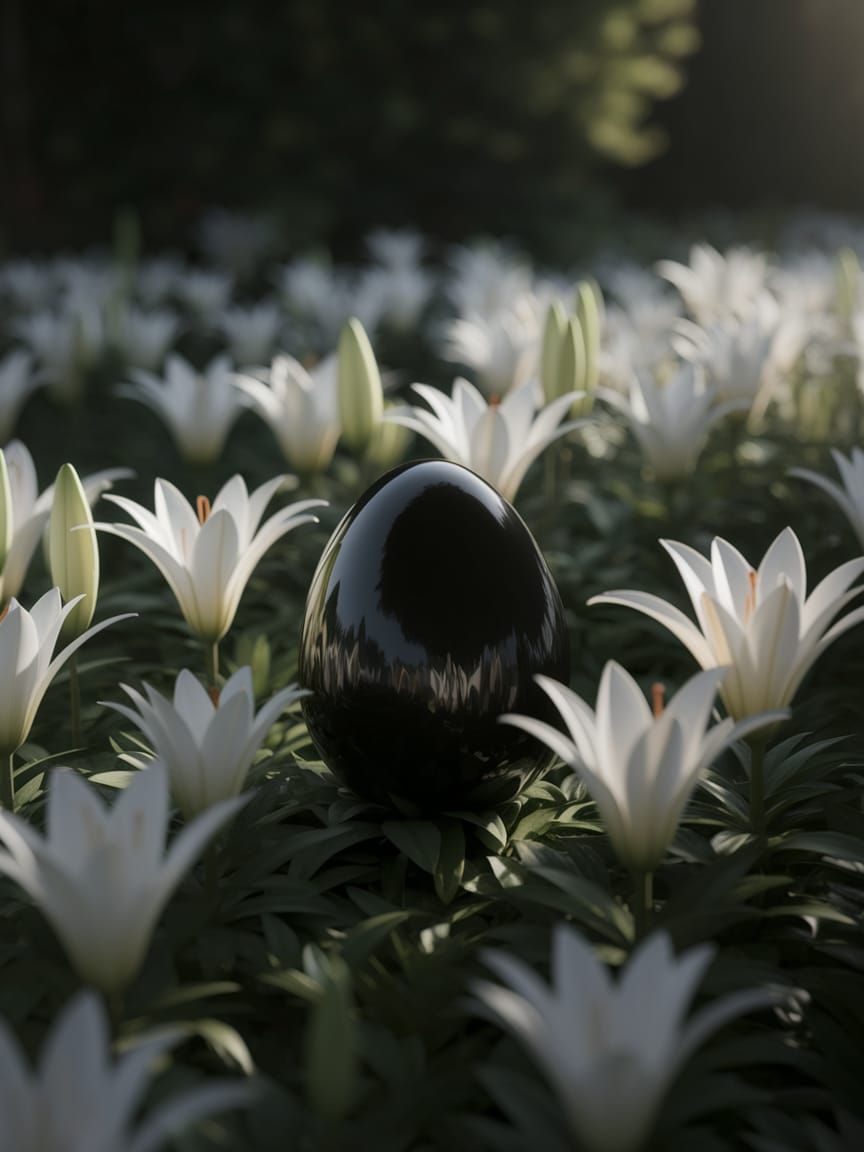 Ethereal Black Egg Amidst Vibrant White Lilies