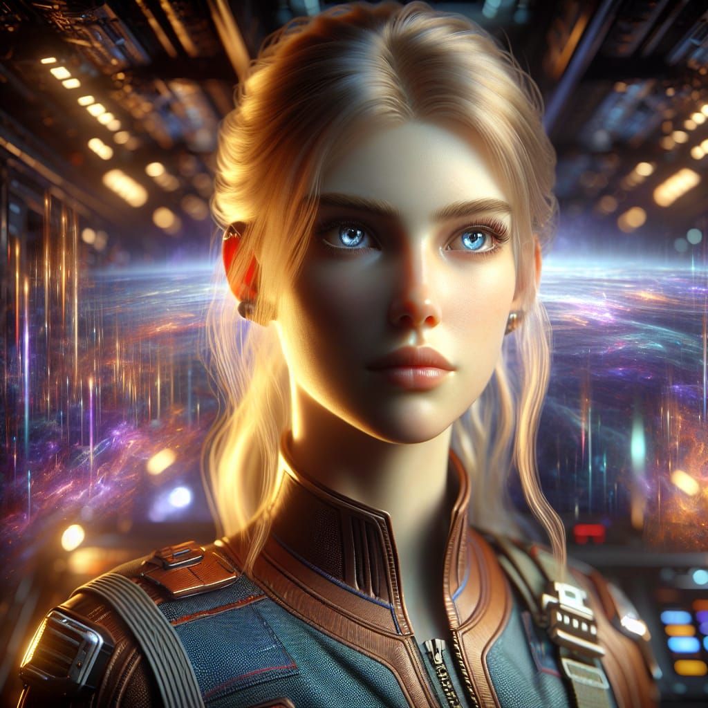 Blonde Girl on Spaceship Bridge: Hyperrealistic Concept Art