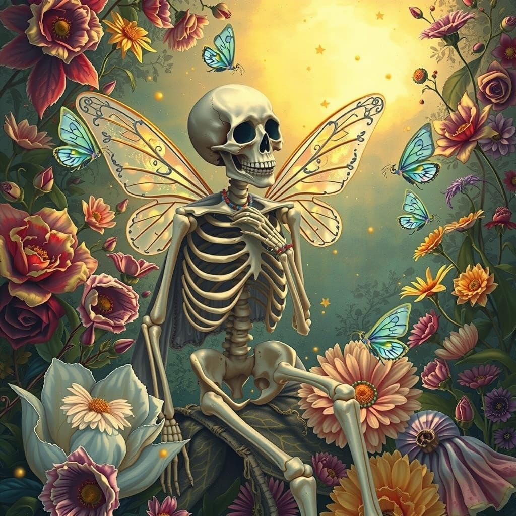 Whimsical Skeleton in Vibrant Floral Wonderland