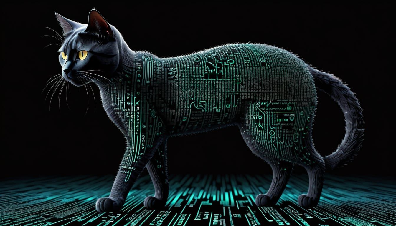 Surreal Glitch Art: 3D Matrix Code Black Cat
