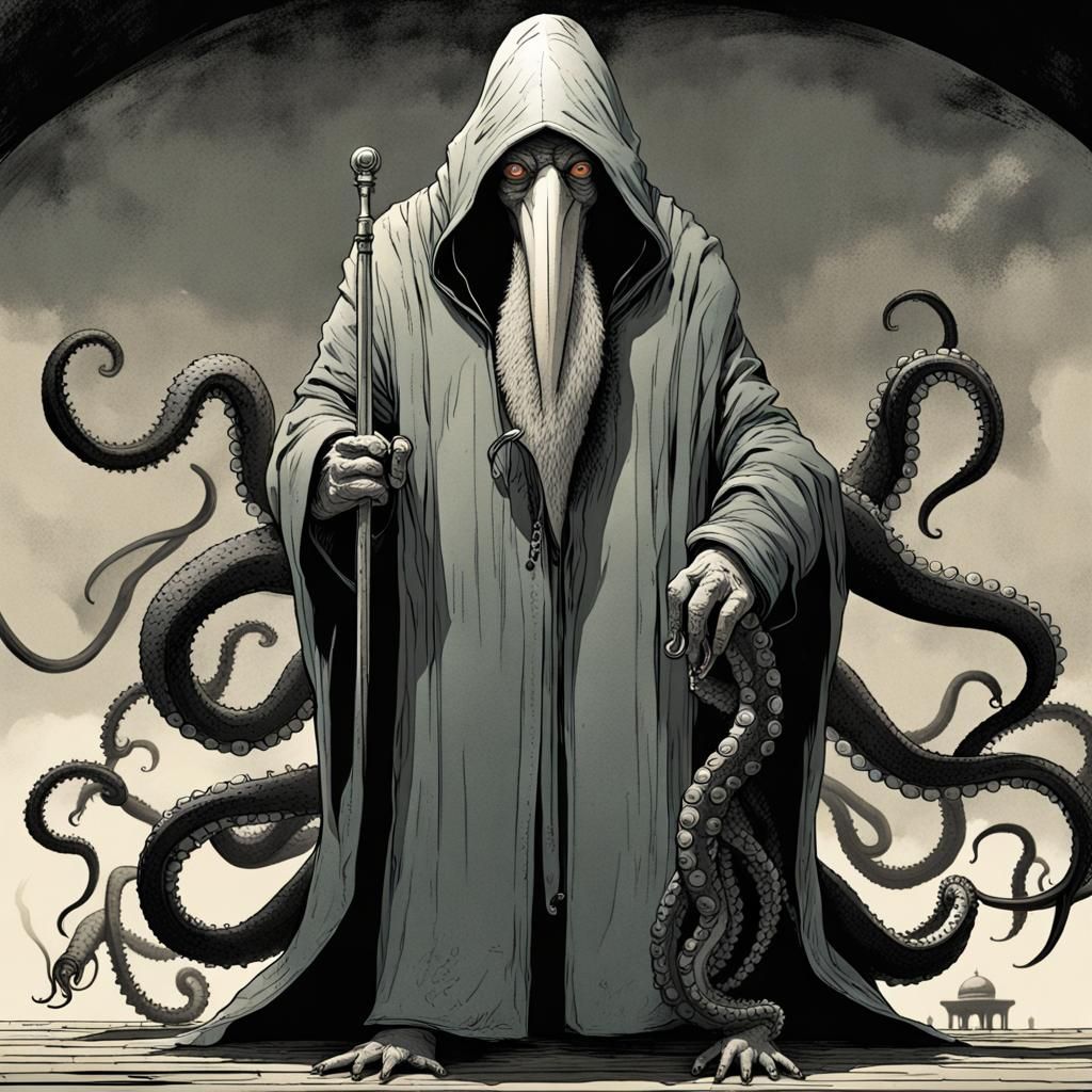 Penguin Octopus Wizard Hybrid in Sci-Fi Horror Style