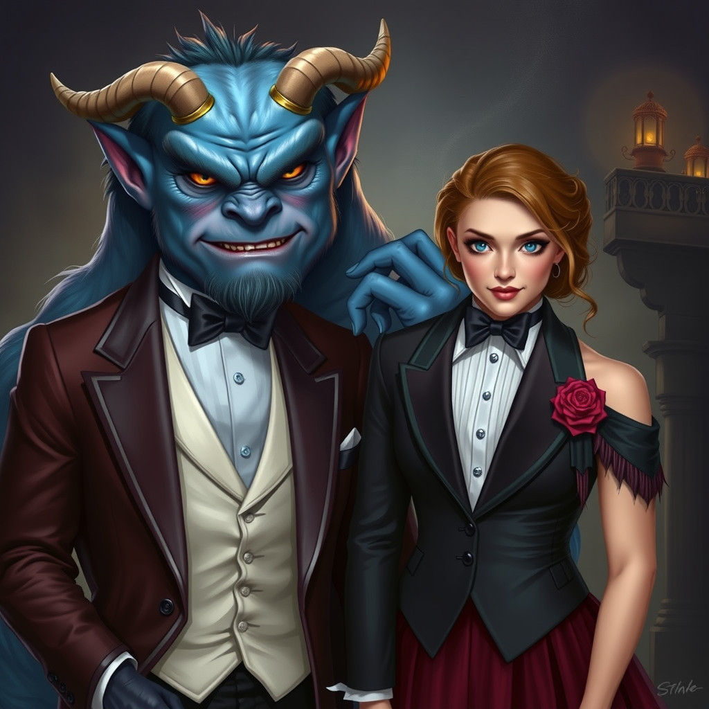 Fantasy Creature Portrait: Dapper Couple with Blue Monster