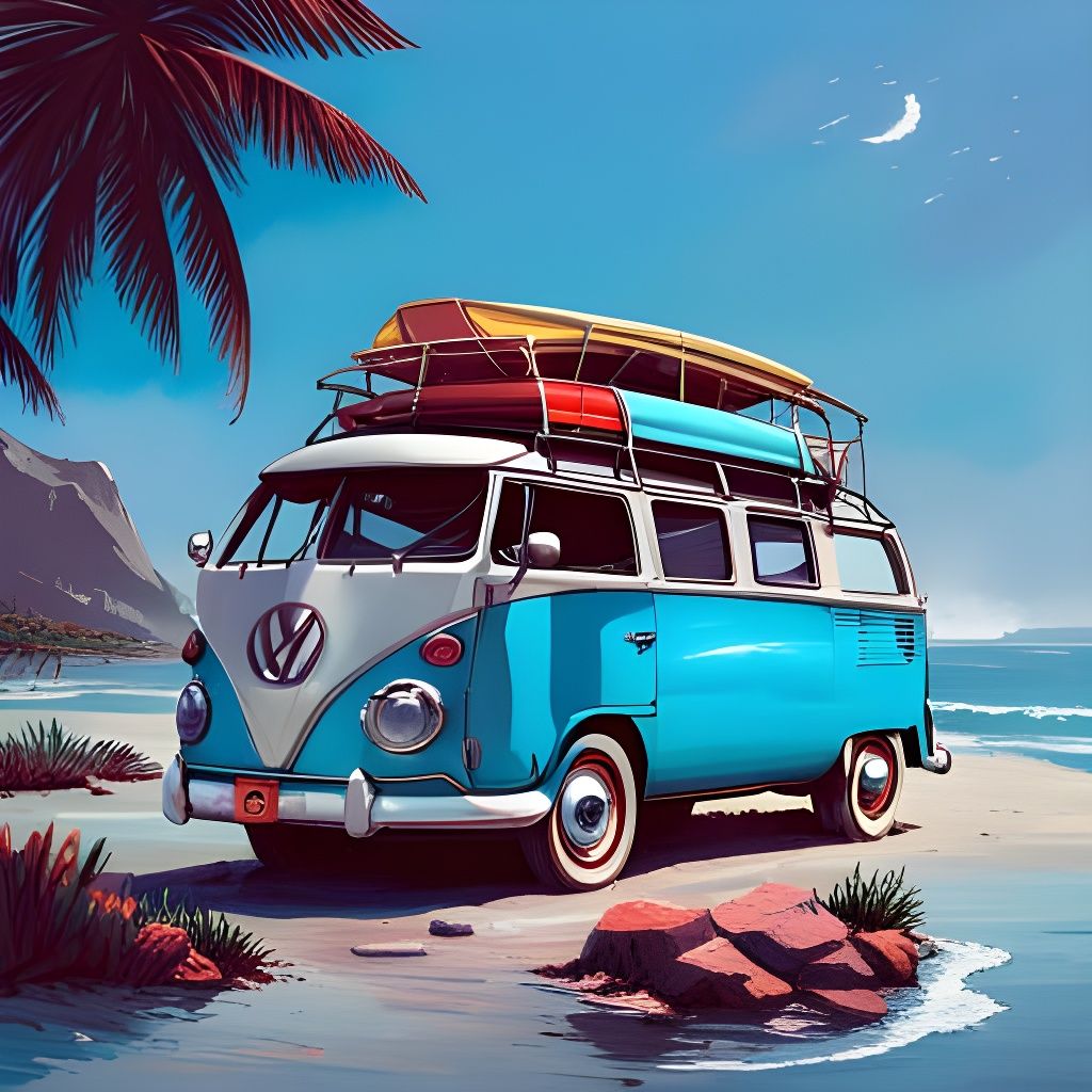 Floral VW Bus on Beach, Detailed Digital Art