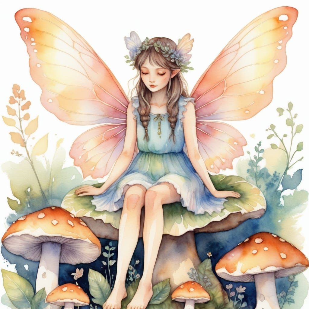 Whimsical Fairy on Mushroom in Ghibli Style
