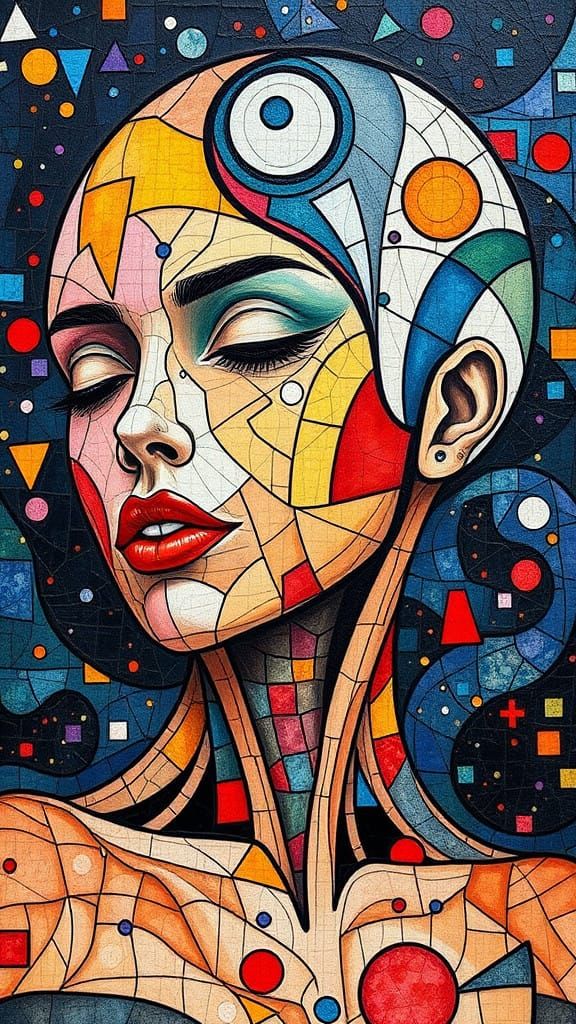 Glowing Cyborg Goddess in Vibrant Mosaic