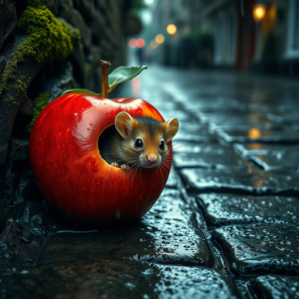 Mouse in Apple on Wet Cobblestone Street