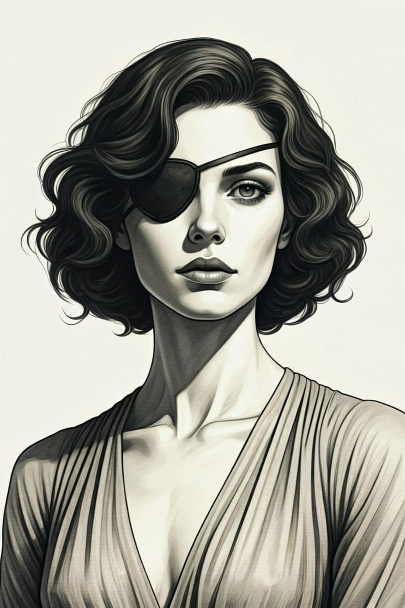 Elegant Eyepatch Beauty in Chiffon, a Charcoal Portrait