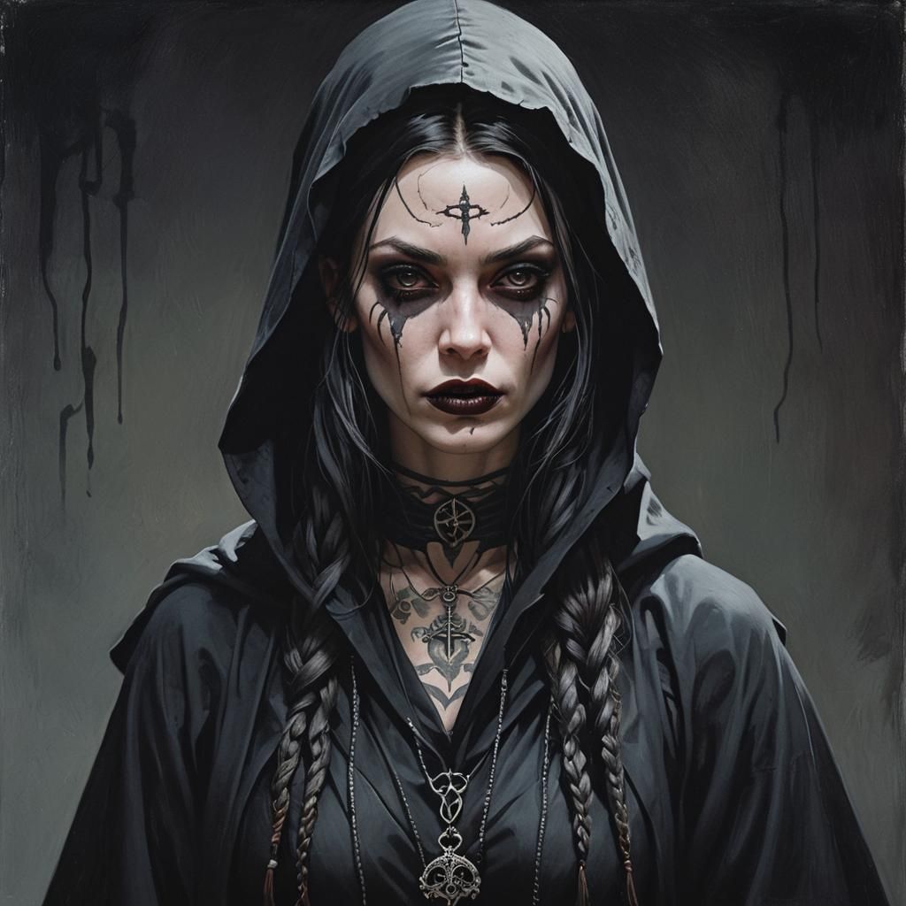 Eerie Woman with Dark Robes and Face Tattoos