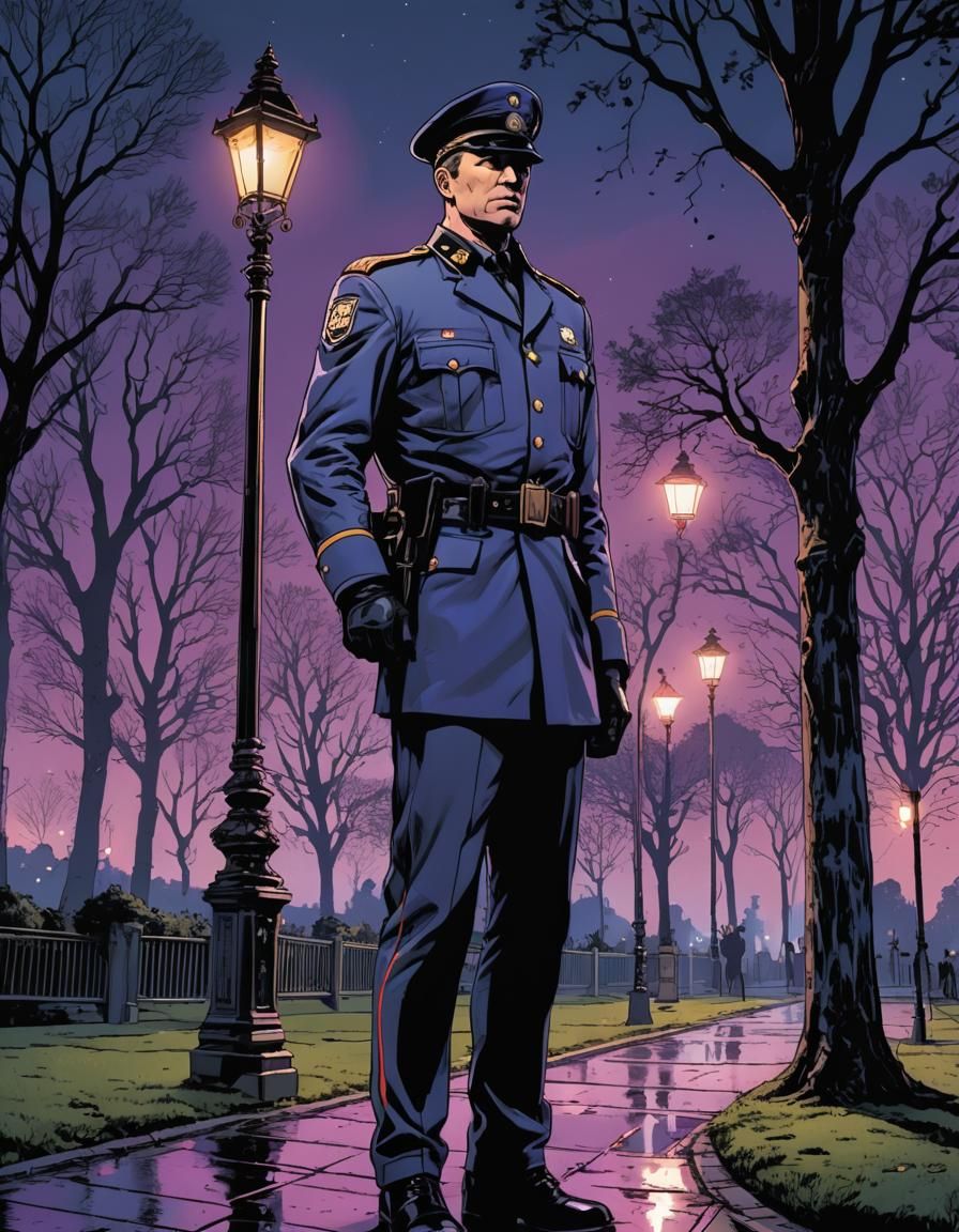 Gendarme in Park at Night in Comic Book Style