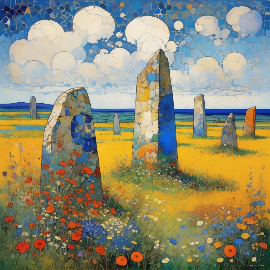Standing Stones in Wildflowers, in Style of Redon and Manara