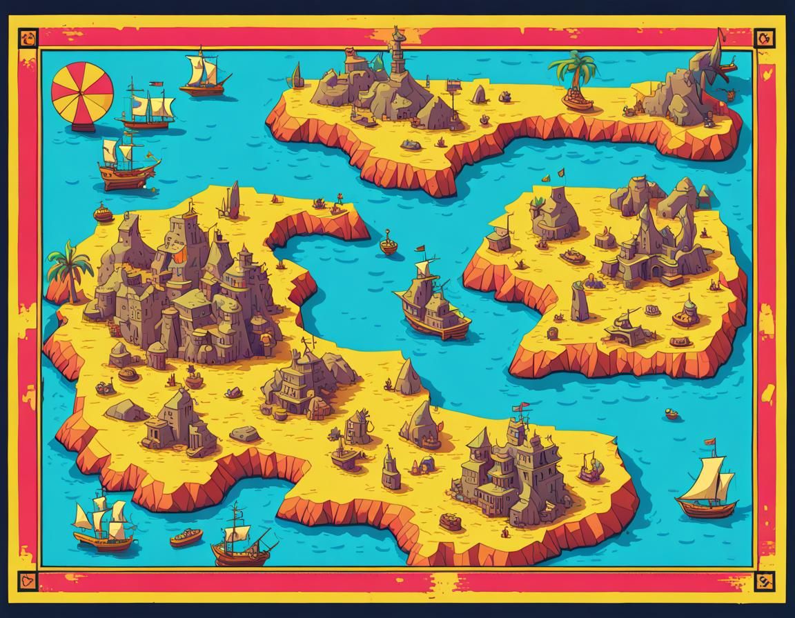 Fantasy Pirate Island Map in Pop Art Style
