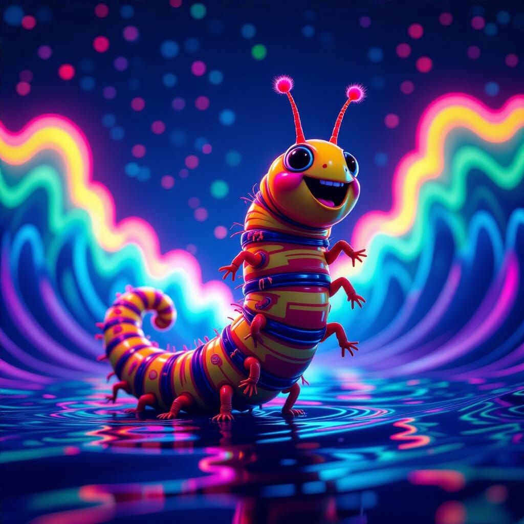 Funky Caterpillar Dances in Neon Light, Hyperrealistic Matte...
