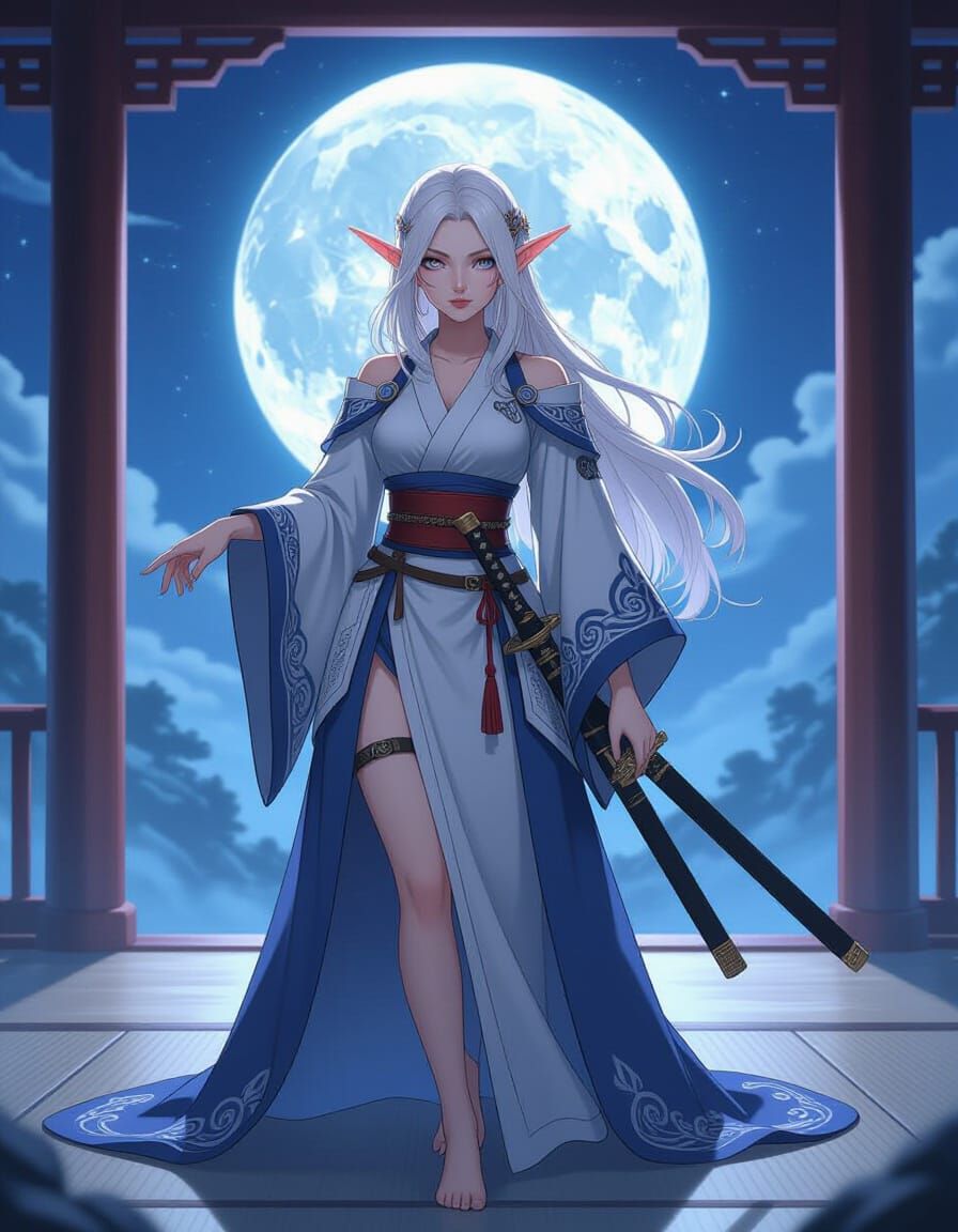 Moon Elf Swordswoman in Anime Cel-Shaded Style