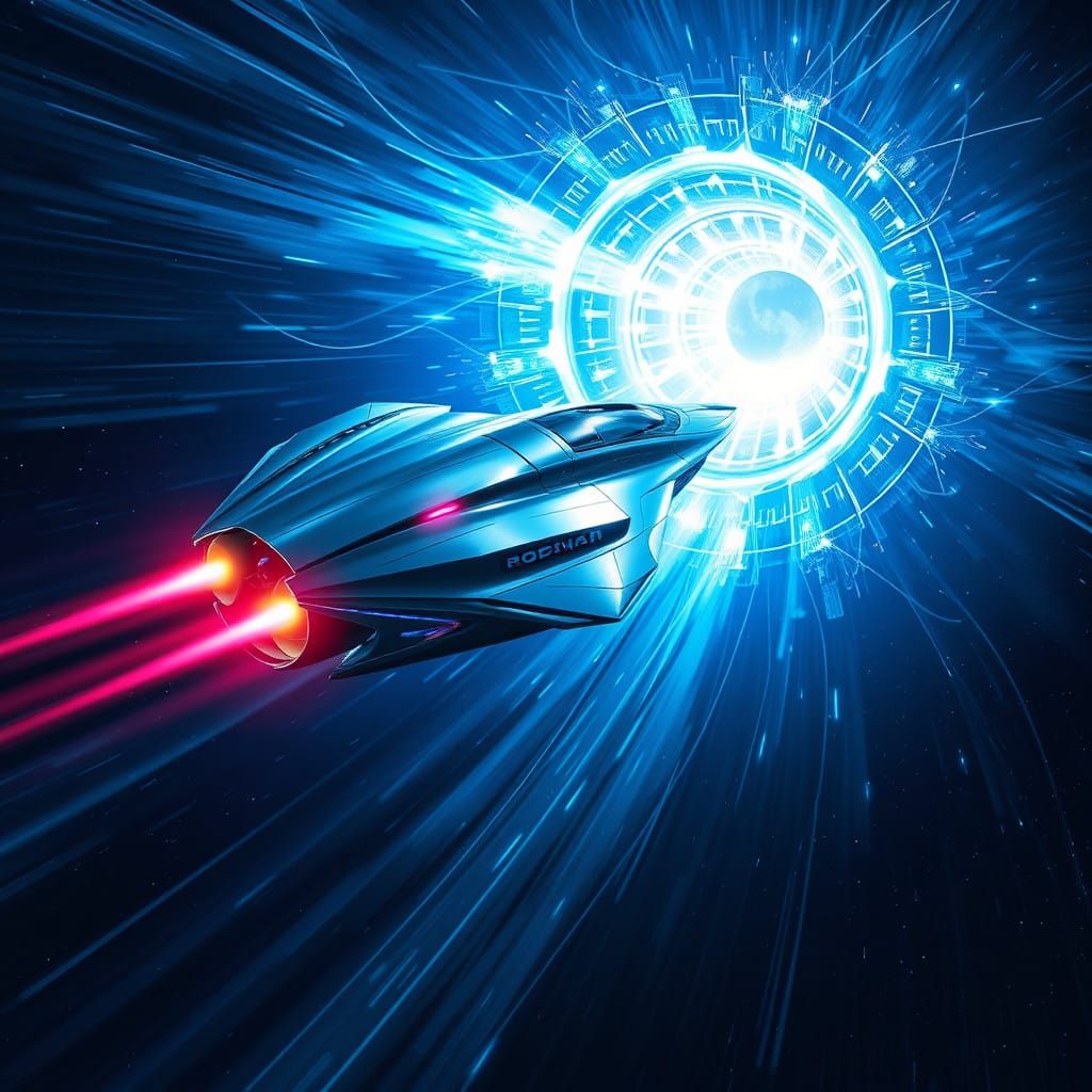 Sleek, Metallic Spaceship Blasts Through the Void in a Kalei...