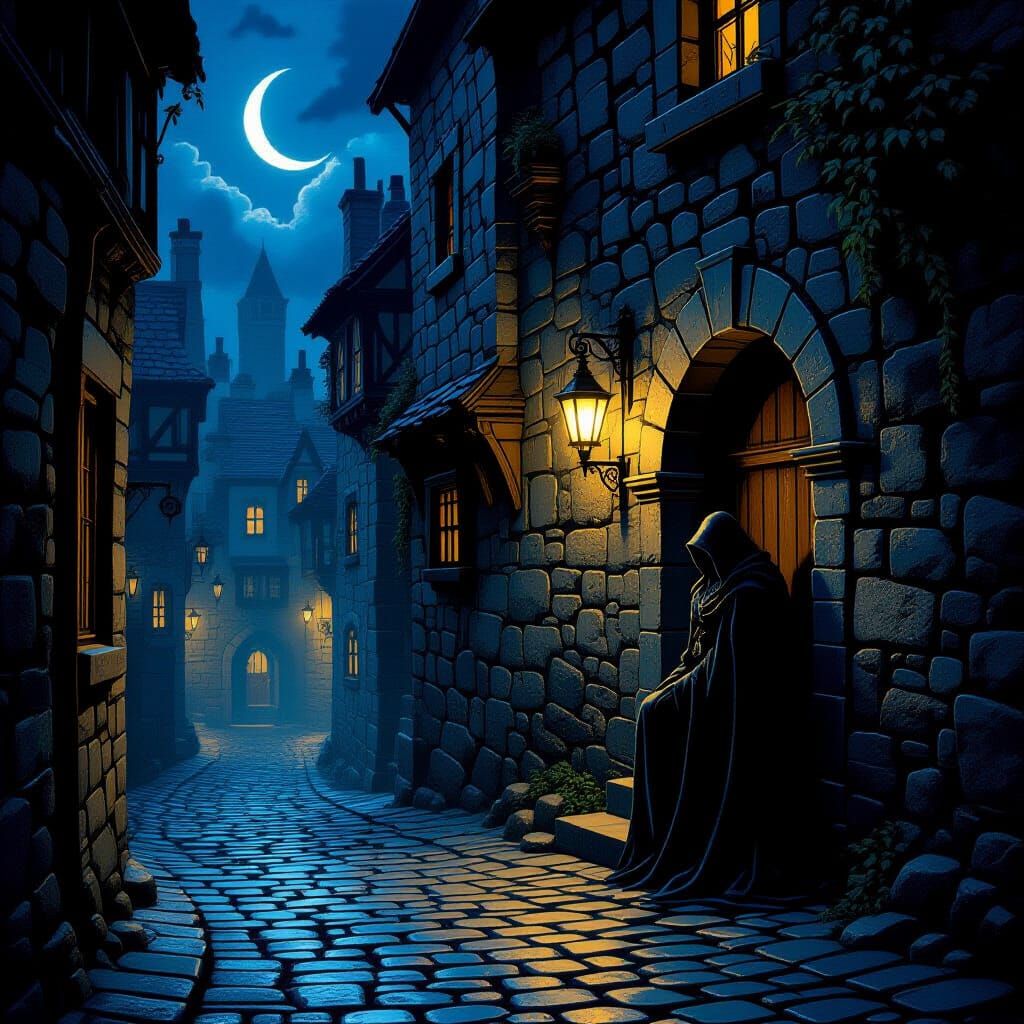 Mysterious Figure in Shadowy Alleyway Under Crescent Moon