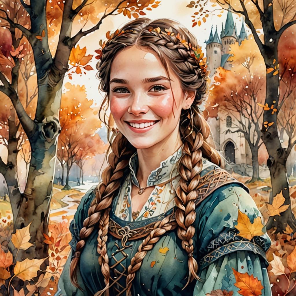 Medieval Woman Smiling in Autumn Landscape, Digital Watercol...