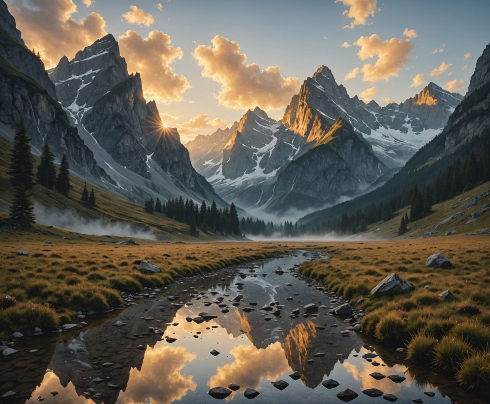 A mist-covered alpine valley at sunrise, golden light spilli...