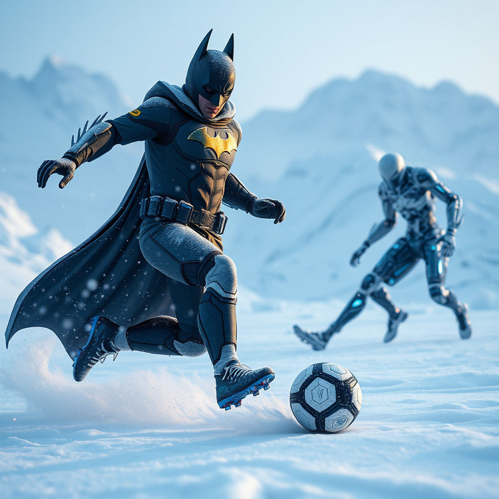 Batman Plays Soccer in Antarctica Snowstorm, Photorealistic