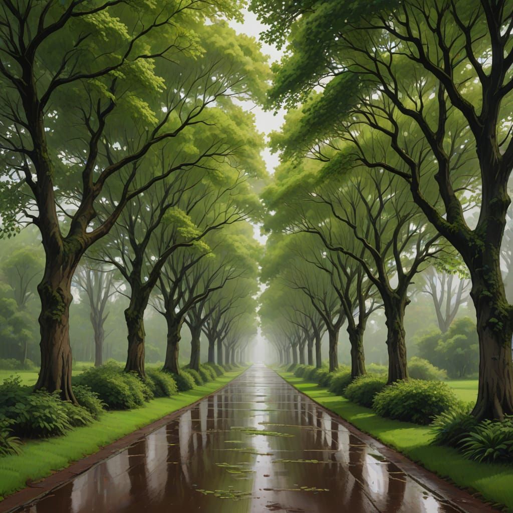 Rainy Day Pathway to Horizon in Realistic Digital Painting