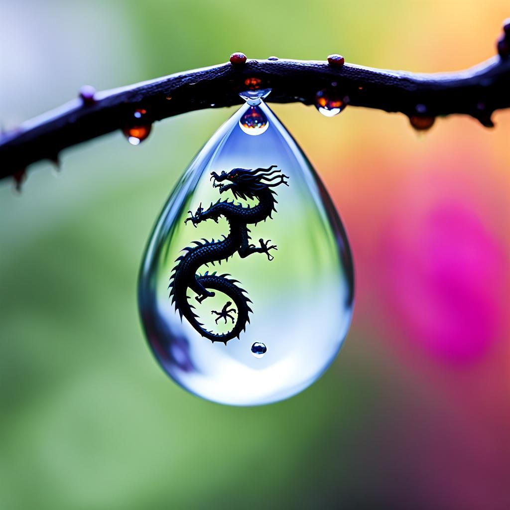 Chinese Dragon Inside a Raindrop Macro Photograph