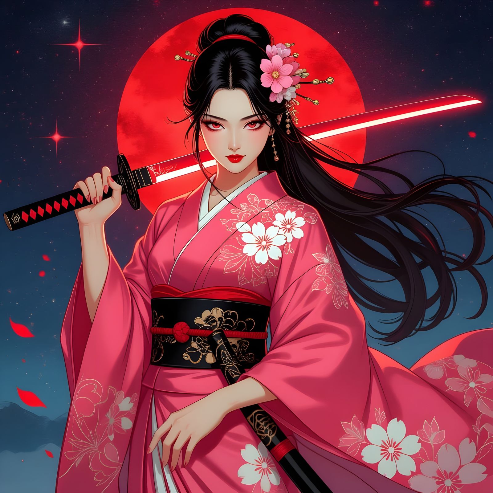 Surreal Anime Goddess Wields Blazing Sword in Cosmic Dreamsc...