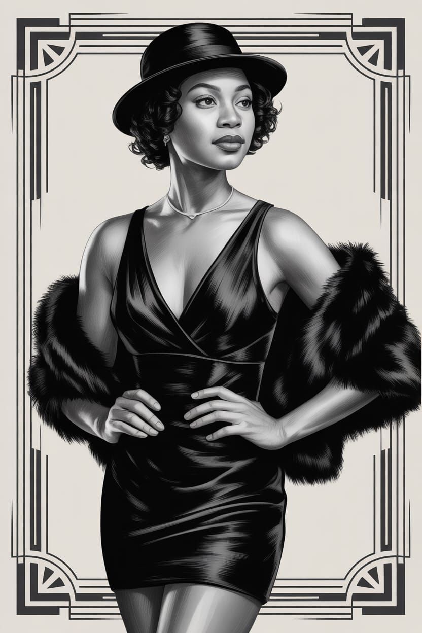 Art Deco Woman in Black and White Oil Painting