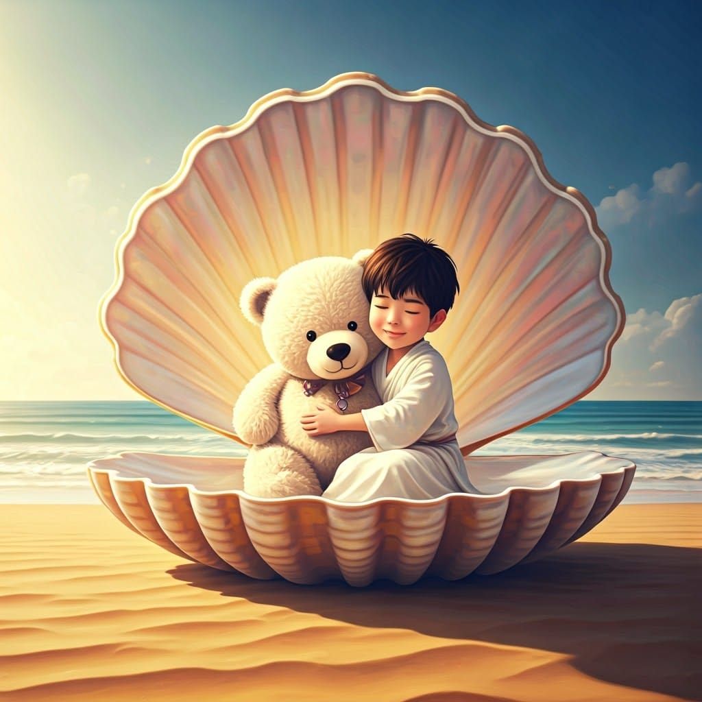 Boy and Bear in Seashell, Anime Style