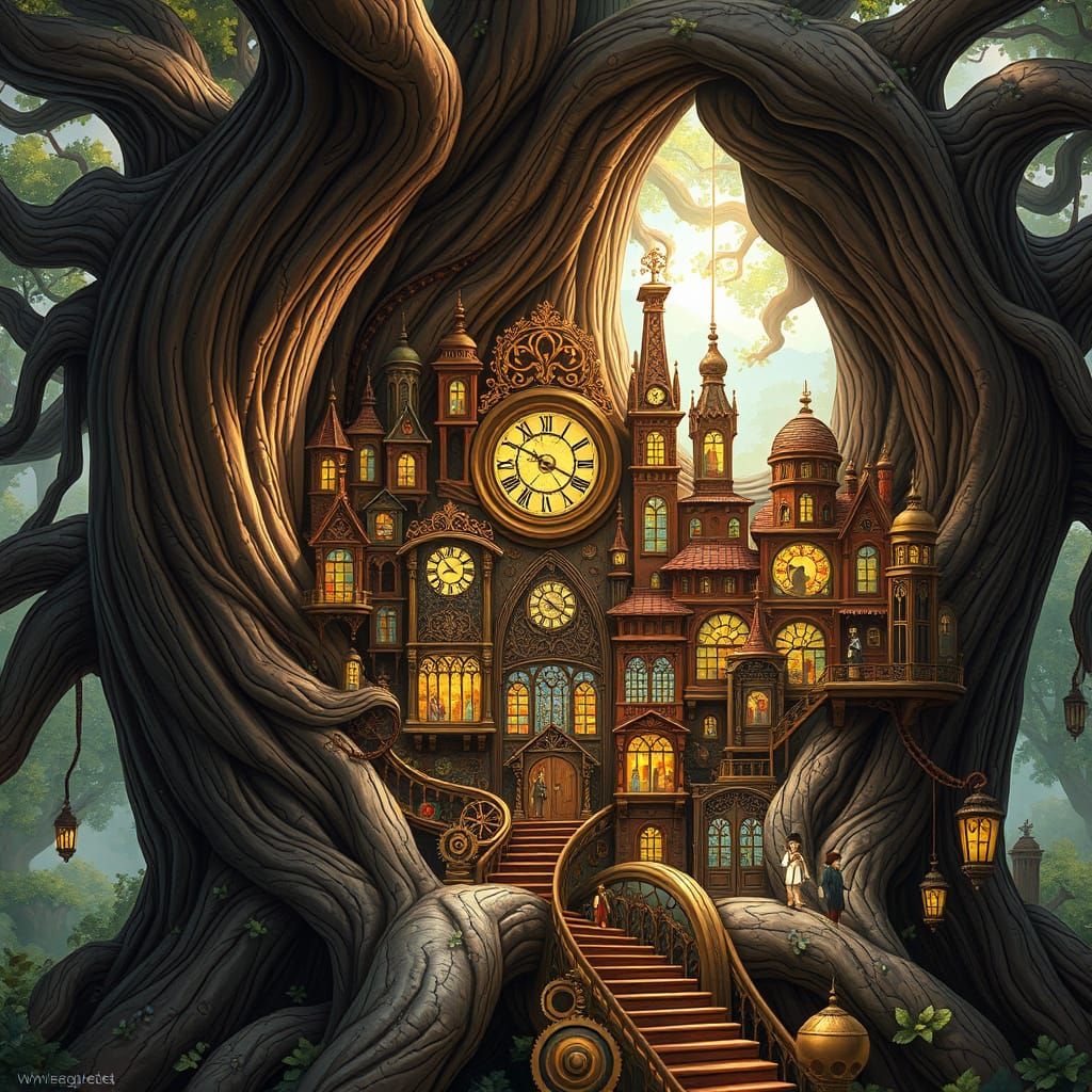 Clockwork City Housed in Giant Tree, Steampunk Style