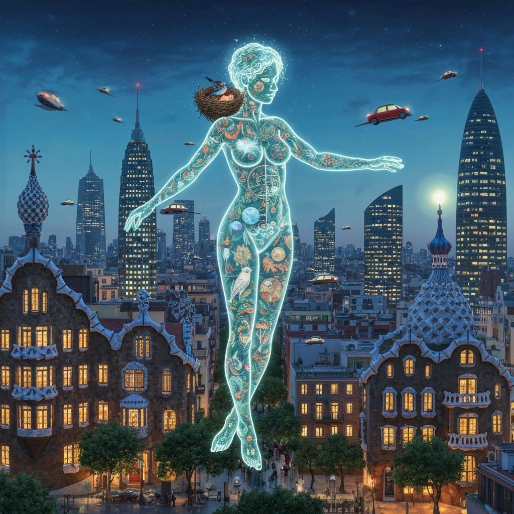 Bioluminescent Figure Over Surreal Cityscape in Dreamlike St...