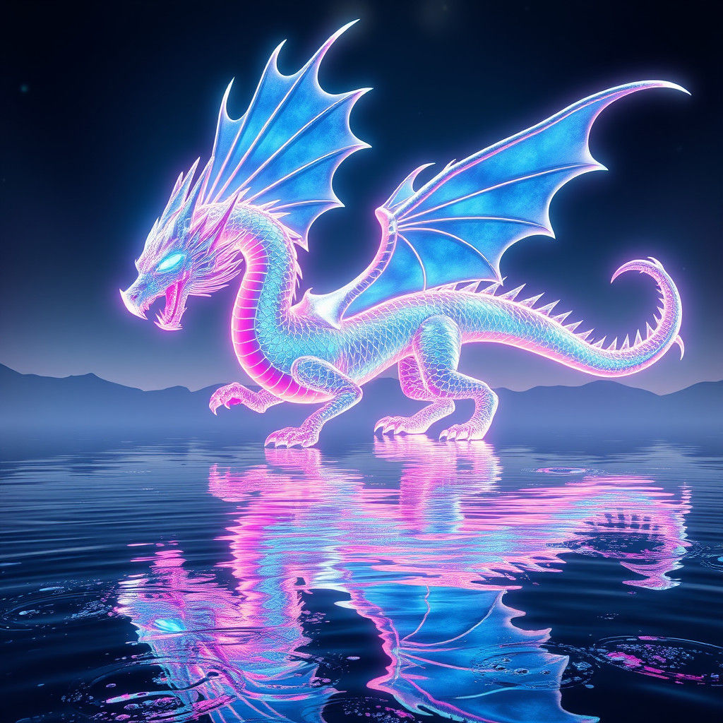 Neon Dragon Soaring Above Tranquil Lake