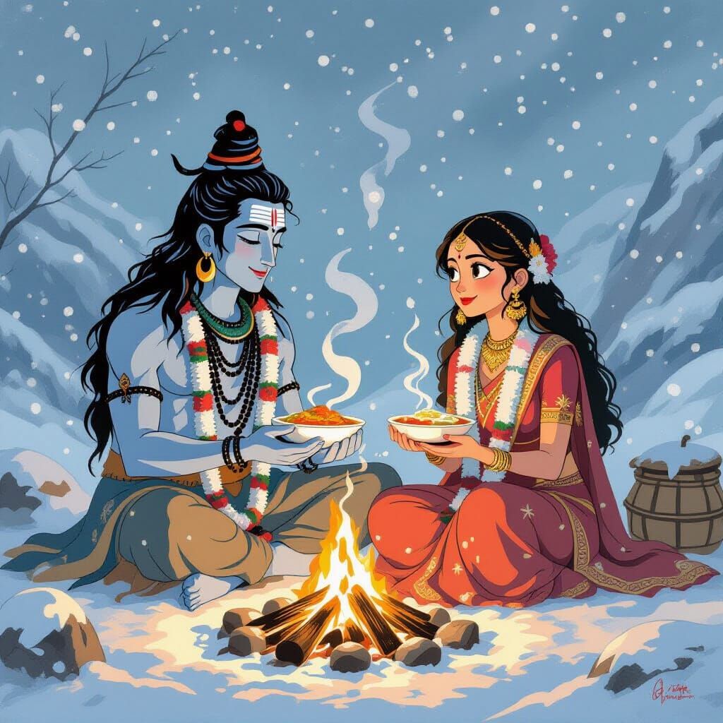 Shiva and Parvati Share Food in Ghibli Style