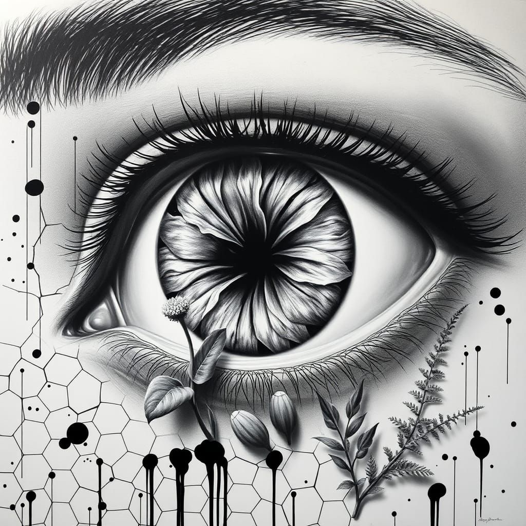 Human Eye with Hibiscus Bloom, Monochromatic Mosaic