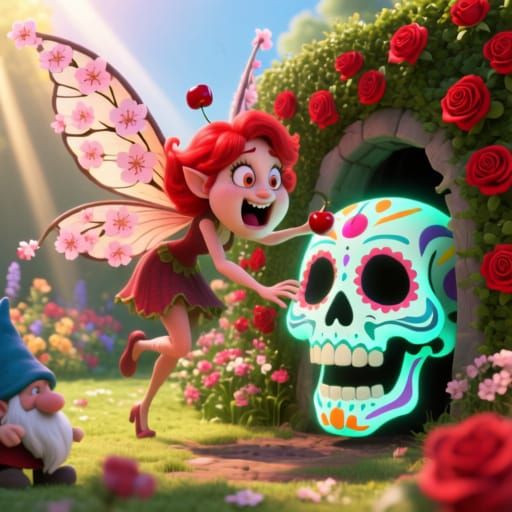 Mischievous Pixie Steals Sugar Skull in Whimsical CGI Style