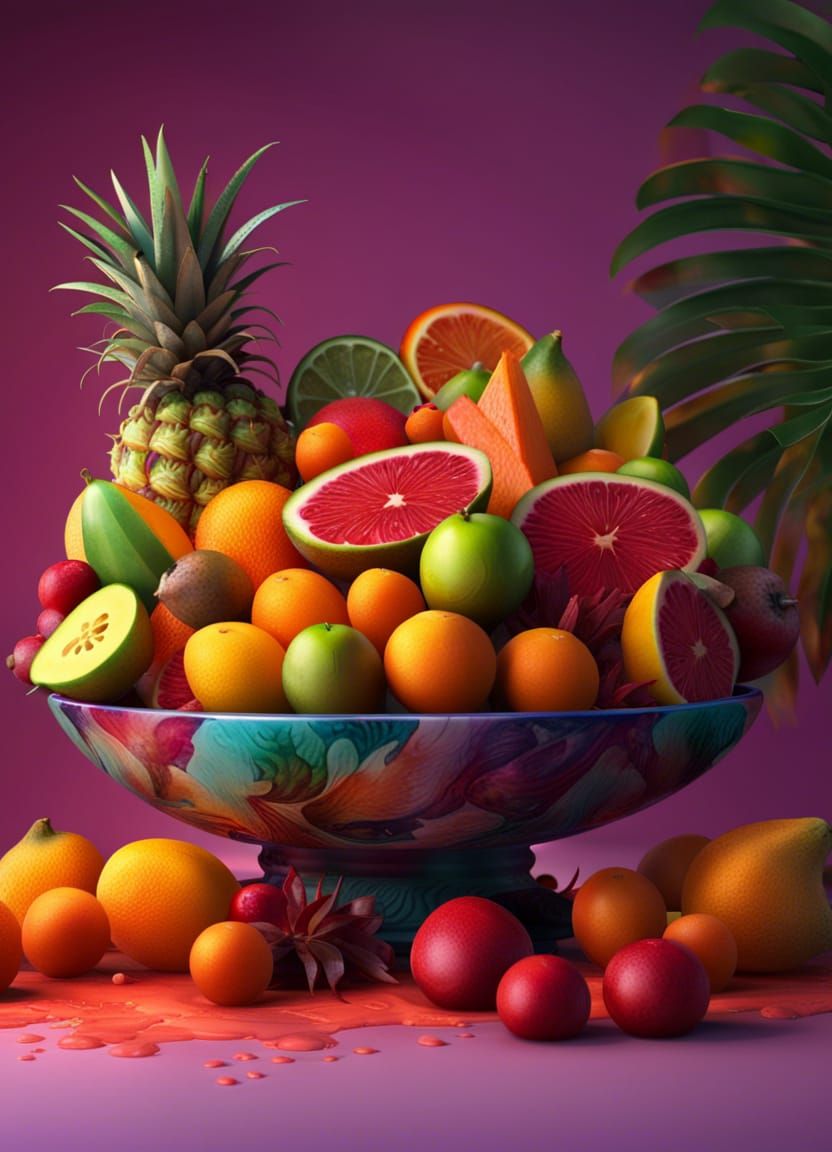 Exotic Alien Fruit Bowl Still Life, Hyperrealistic Art