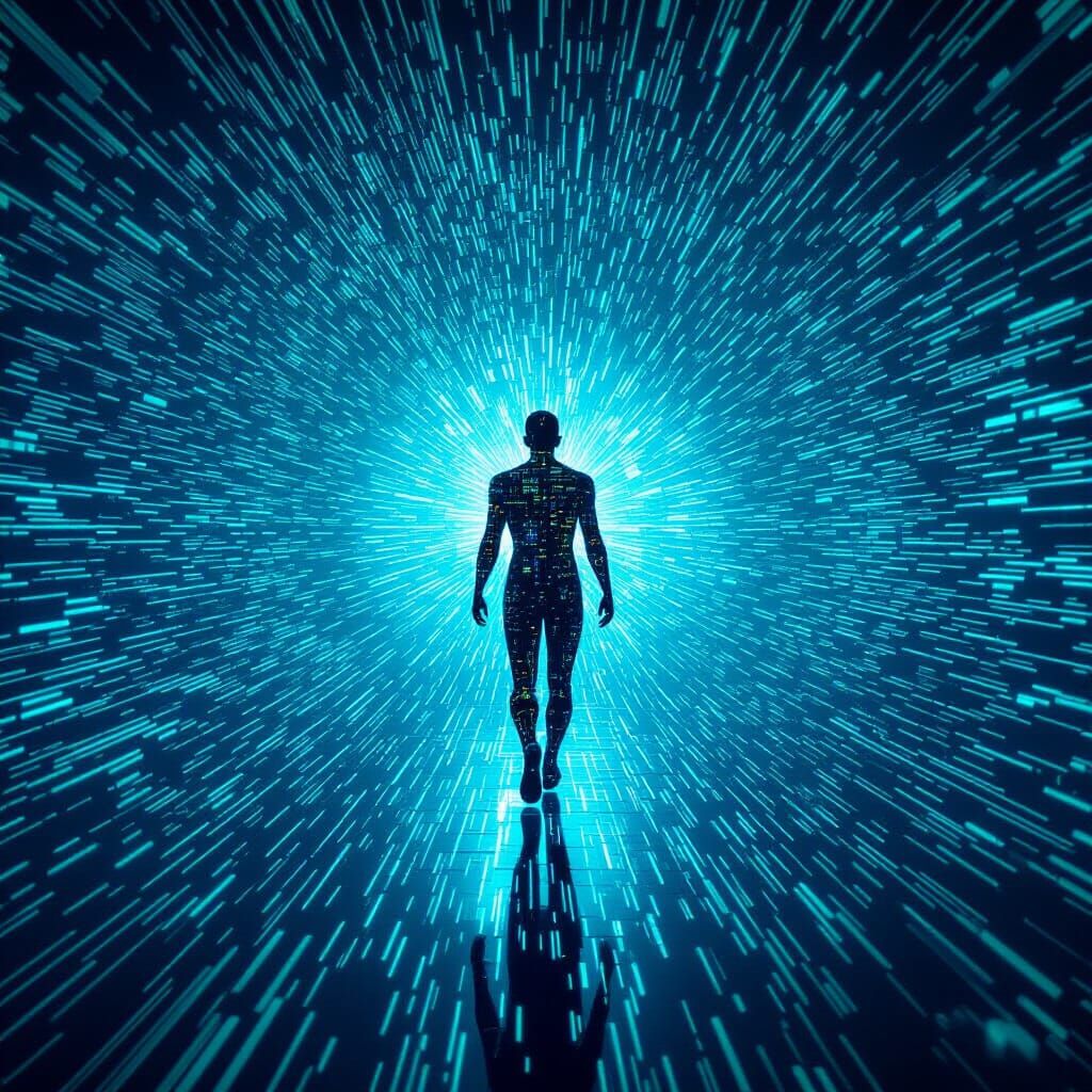 Pixelated Figure Emerges from Digital Vortex in Cyberpunk St...