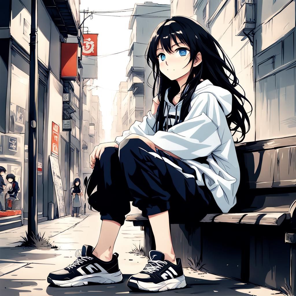 Tomboy Anime Girl on Bench in City