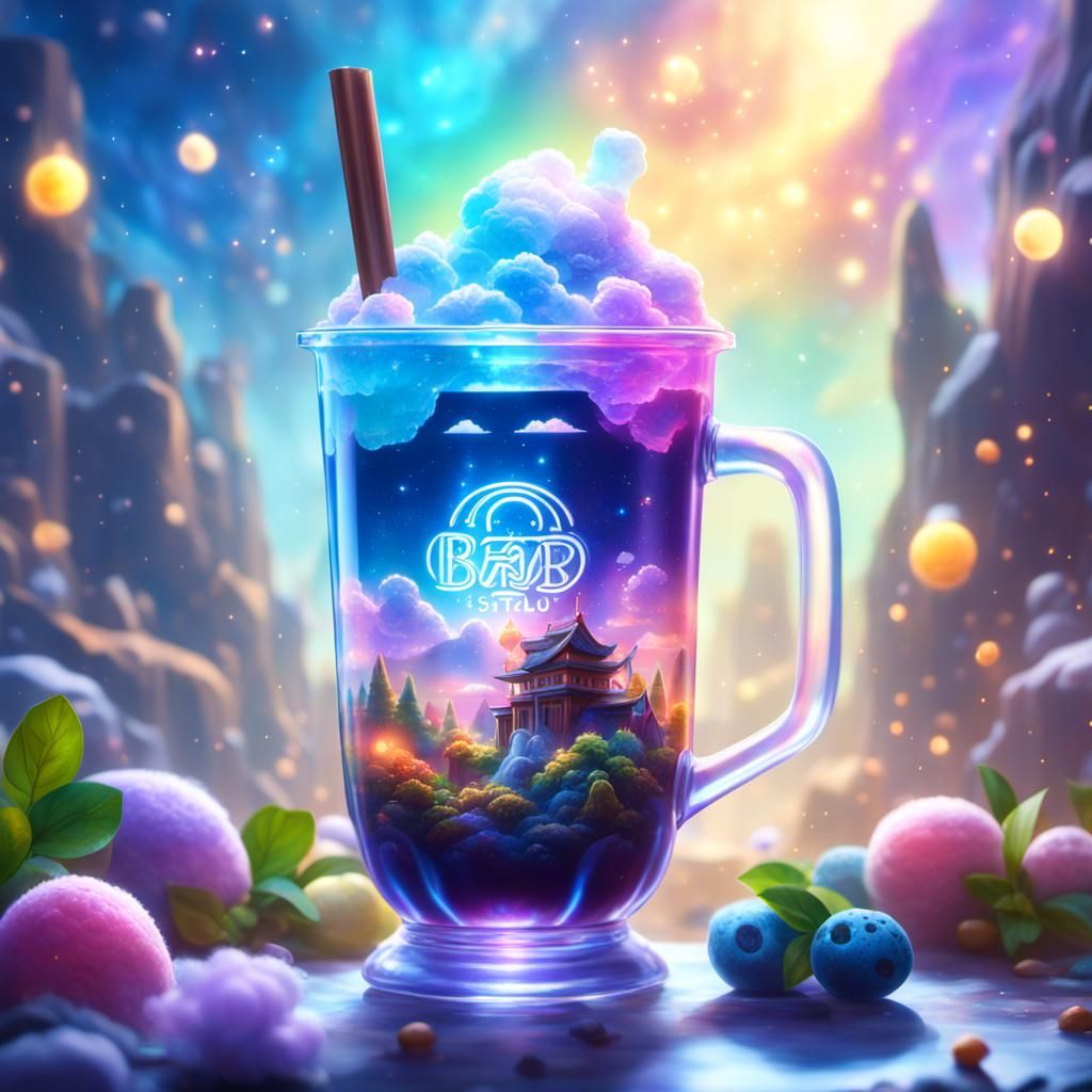Gem Boba Tea: Holographic Cosmic Fantasy Illustration