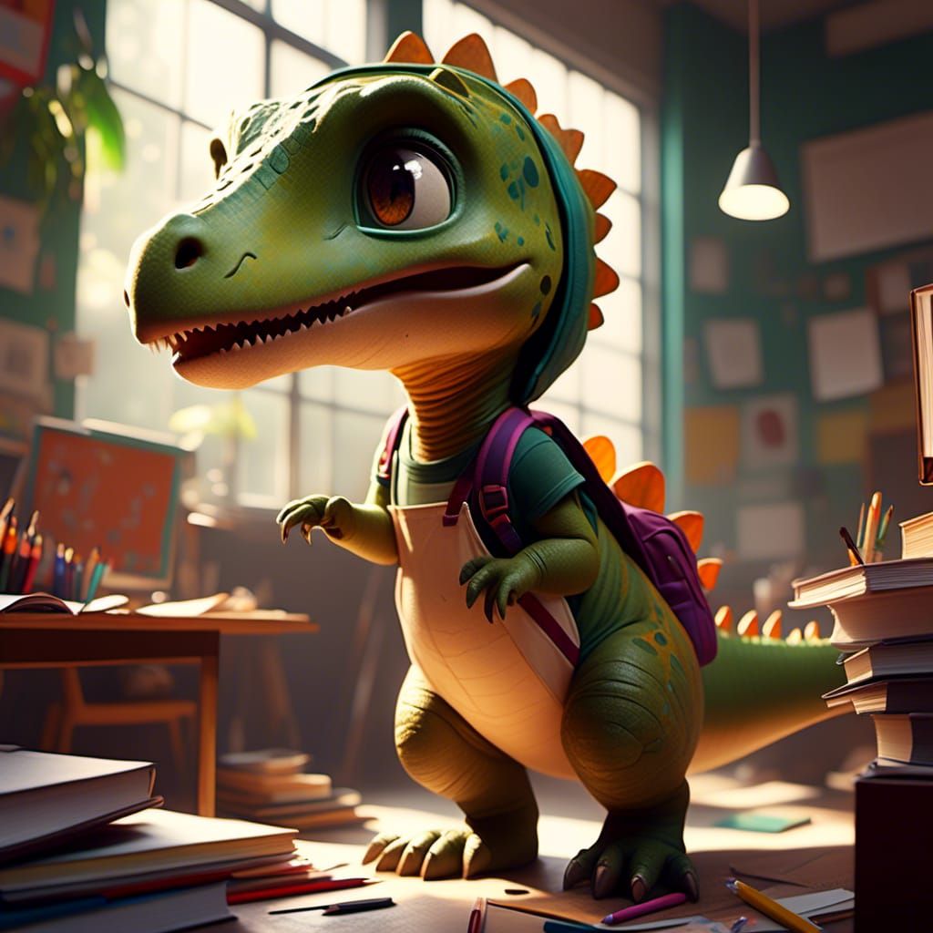 Adorable Chibi Dinosaur Girl in School, Digital Art