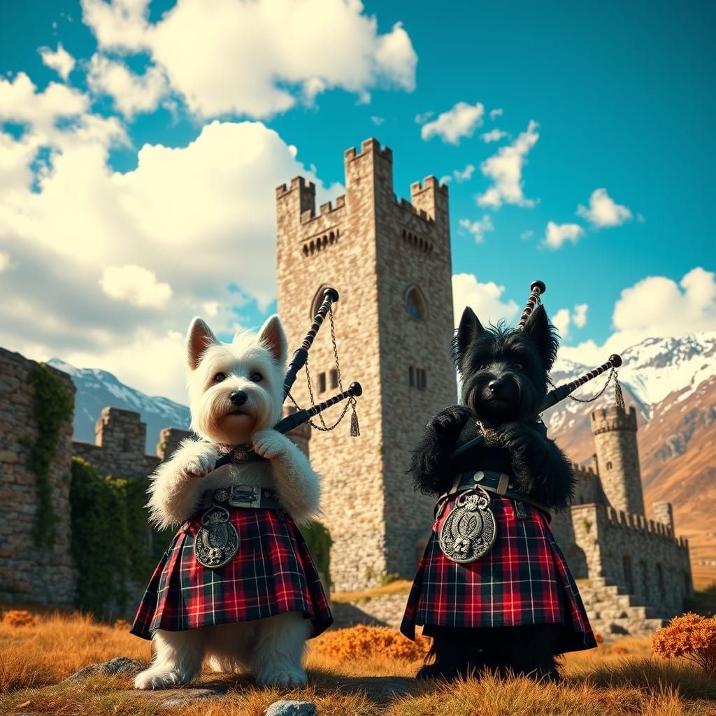 Scottish Terriers Play Bagpipes in Front of Highland Castle