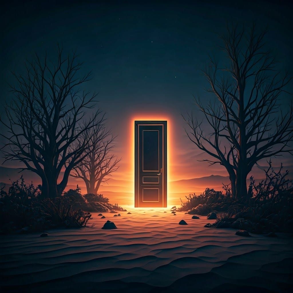 Surreal Glowing Door in Barren Landscape