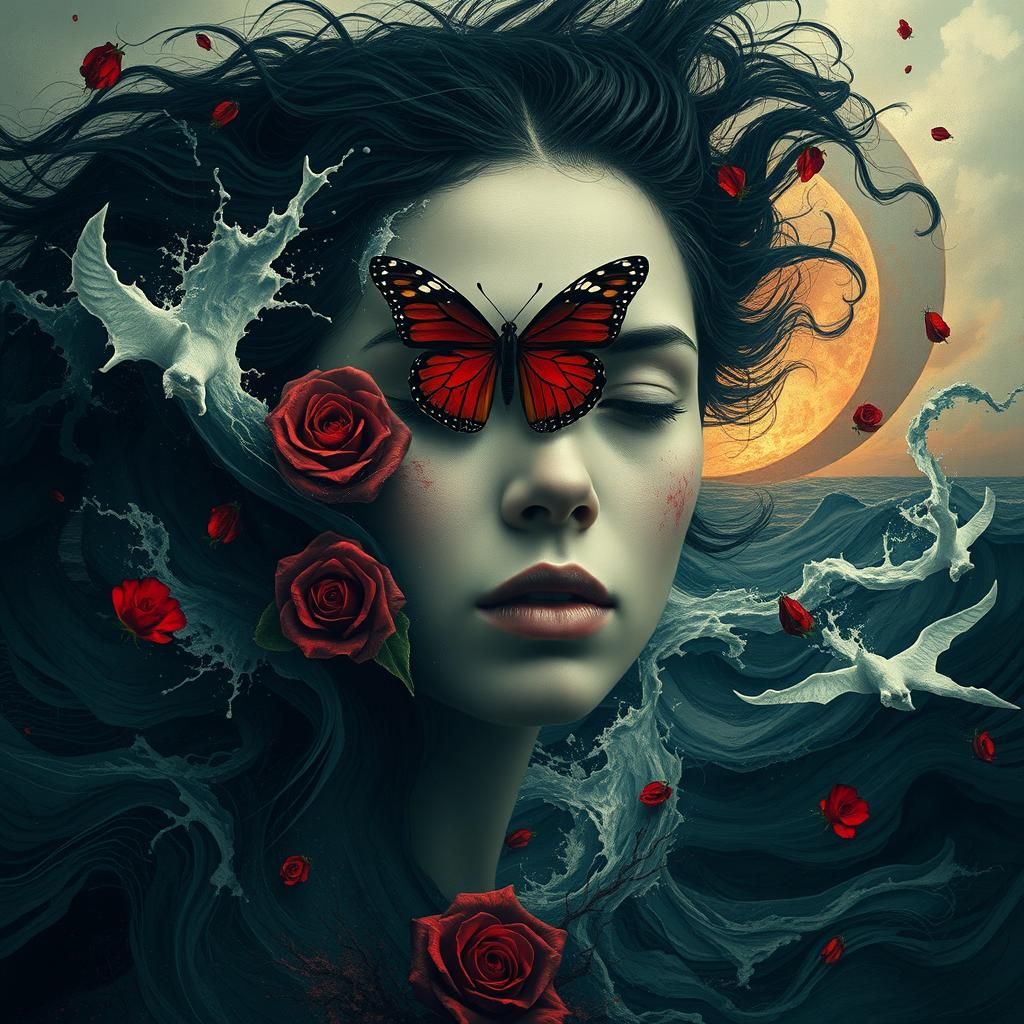 Distressed Woman with Roses and Butterfly in Calotype Style