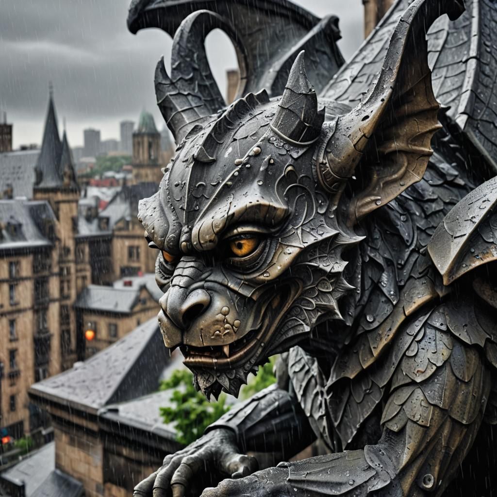 Hyperrealistic Gargoyle in Rain, Cinematic Composition
