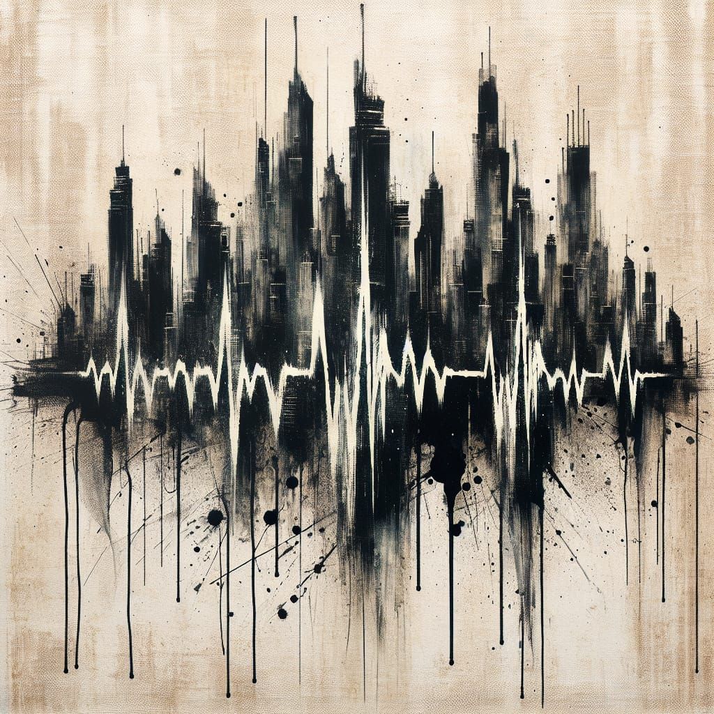 Distressed Cityscape in Textured Black Ink