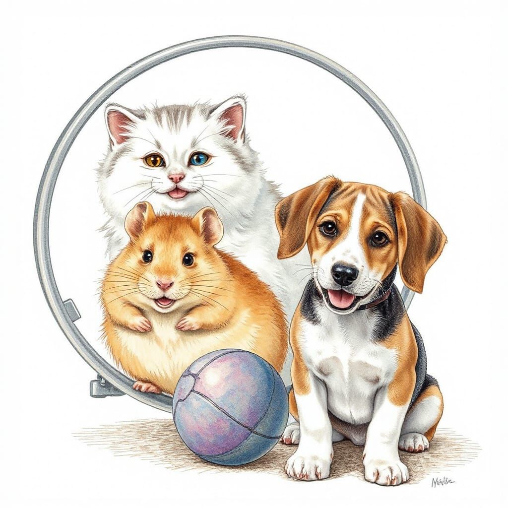 Playful Kitten, Hamster, and Puppy Color Pencil Sketch