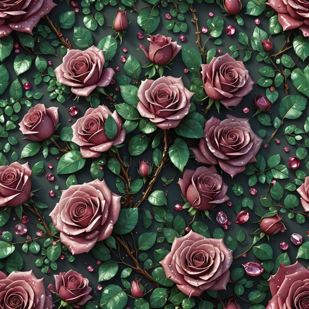 Gemstone Rose with Emerald Leaves in Detailed Painting